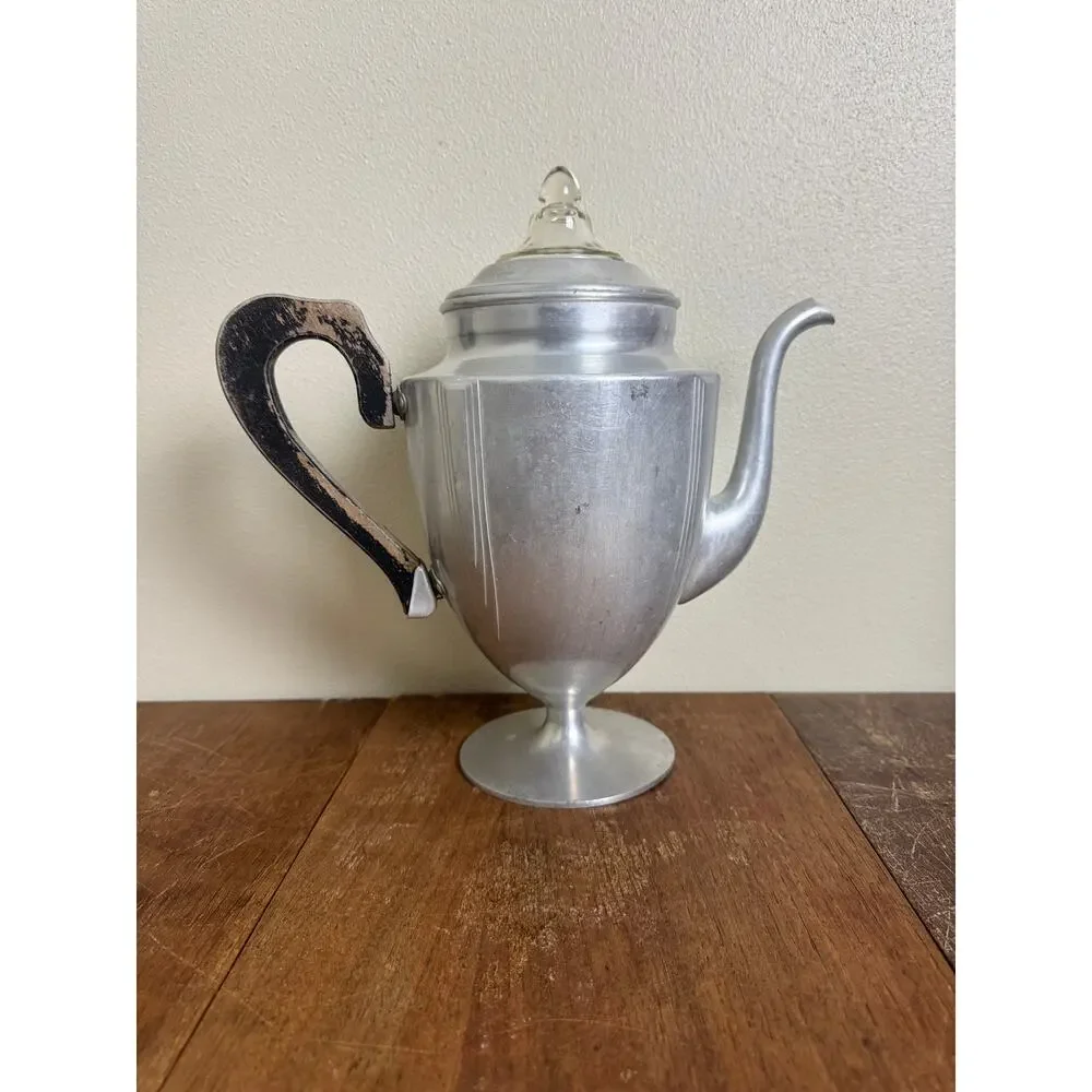 Art Deco Aluminum Pedestal Percolator Glass knob‎ and wood handle
